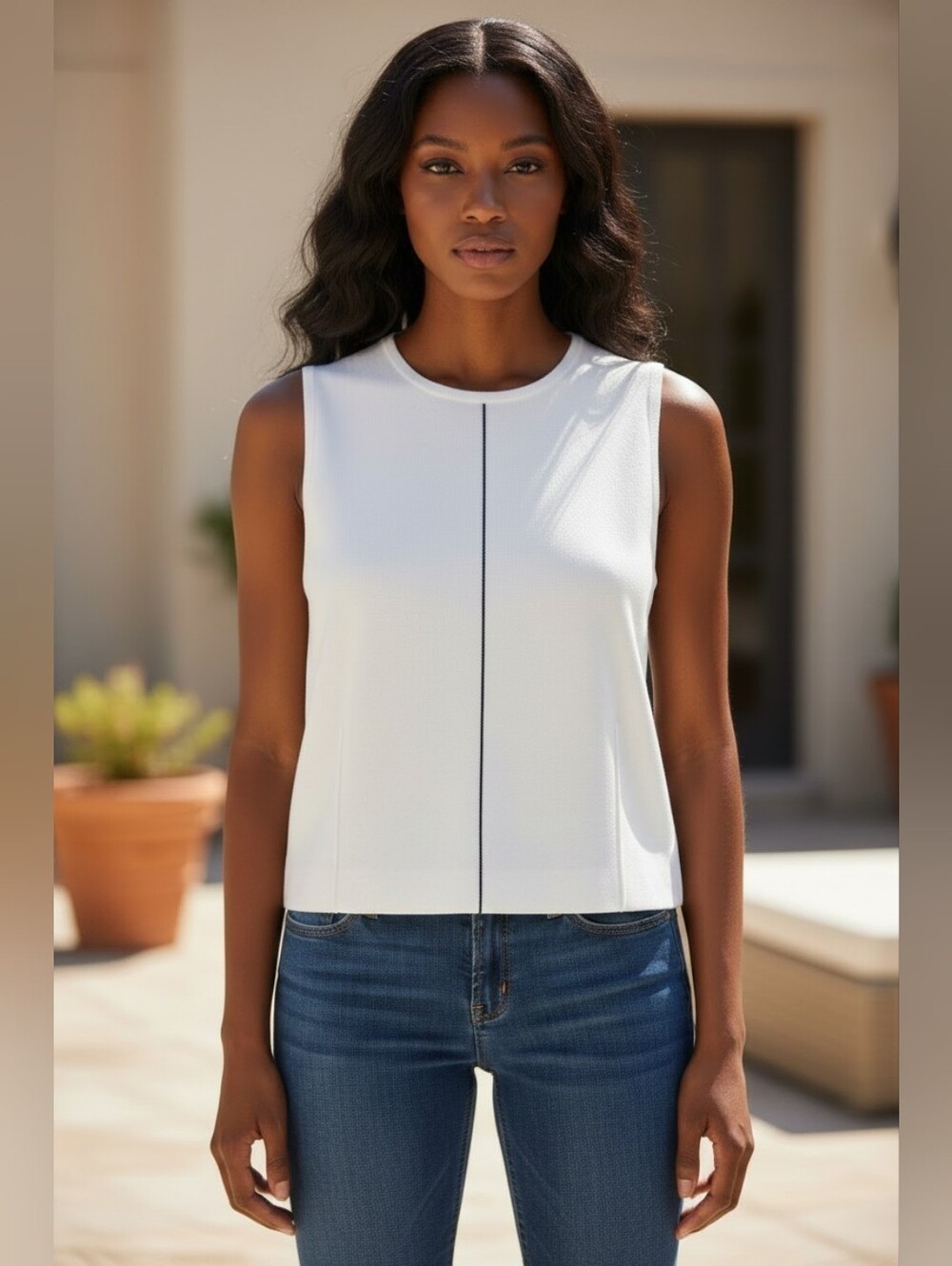 Zara Ribbed White Knit Top Black Stripe Detail Sleeveless Small